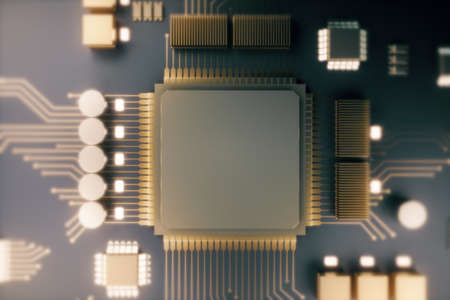 Golden circuit chip on dark motherboard. Technology and hardware concept. Mock up, 3D Rendering