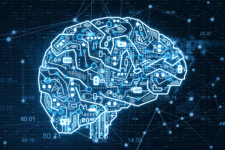 Creative circuit brain on virtual screen. AI and success concept. 3D Rendering
