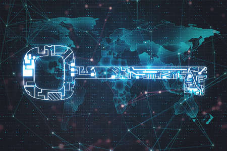 Glowing digital key and world map hologram. Safety and protection concept. 3D Rendering