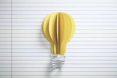 Yellow light bulb made from paper a notebook sheet. Education and startup concept. 3D Renderingの写真素材