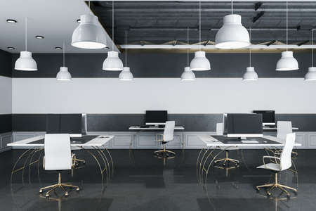 Office interior with workplace and computers on table. Workplace and corporate concept. 3D Rendering