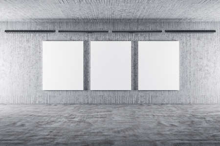 Modern gallery interior with three empty billboards on wall. Performance and presentation concept. Mock up, 3D Renderingの写真素材