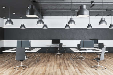 Clean computer screen in modern office interior. Workplace and company concept. Mock up, 3D Renderingの写真素材