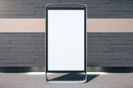 Empty glowing vertical banner on street. Mock up. Performance and presentation concept. 3D Renderingの写真素材