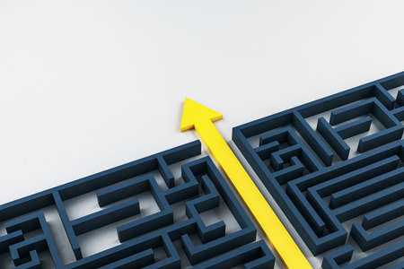 Close up of maze with yellow arrow. Direction, challenge and way concept. 3D Renderingの写真素材