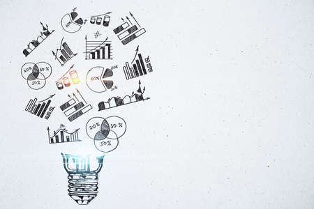 Drawing light bulb and business sketch on concrete wall. Idea and marketing concept. 3D Rendering