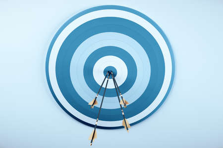 Arrows from a bow in blue target. Success and startup concept. 3D Renderingの写真素材