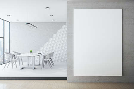 White hipster meeting room with blank banner on wall. Workplace and lifestyle concept. 3D Rendering