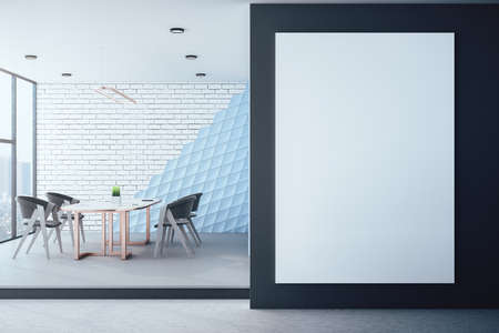 Modern meeting room with blank poster on wall. Workplace and lifestyle concept. 3D Rendering