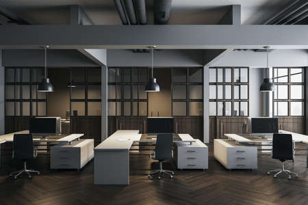 Minimalistic office room with computers on table, furniture and shelf with documents. Workplace and...