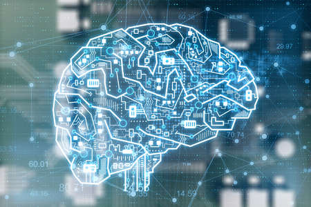 Creative circuit brain on virtual screen. AI and success concept. 3D Rendering