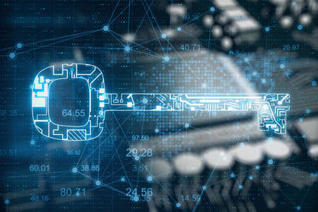Glowing circuit key and world map interface. Safety and security concept. 3D Rendering