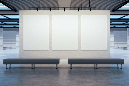 Minimalistic gallery interior with three empty banners on gray wall and two bench. Museum and...