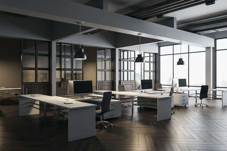 Coworking office interior with computers and shelves with documents. Occupation and working concept. 3D Renderingの写真素材