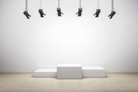 Minimalistic exhibition room with spolight, pedestal and empty white wall. Museum and presentation...