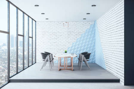 Contemporary meeting room interior with furniture, panoramic city view and daylight. 3D Renderingの写真素材