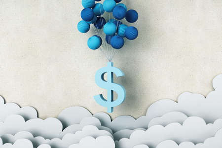Flying dollar symbol with blue balloons. Finance and trade concept. Mock up, 3D Rendering