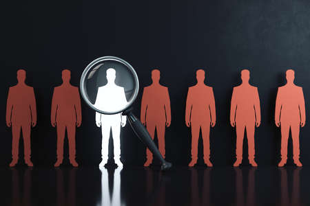 Magnifying glass focusing on white silhouette businessman standing with many red people. Recruiting and human resources concept. 3D Renderingの写真素材
