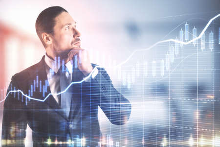 Businessman and business report hologram. Business and financial success concept. Close up