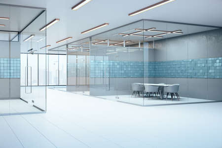 Contemporary meeting room interior with abstract blue tiles and panoramic city view. Workplace and...