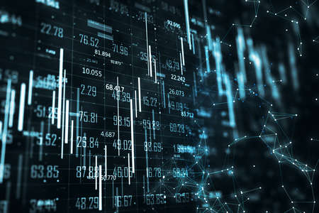Digital virtual screen with stock data and business charts. Business trading concept. 3D Rendering