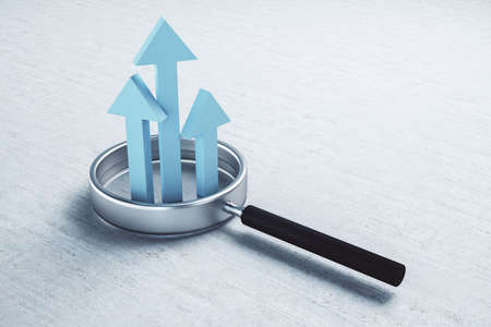 Magnifying glass search blue start up arrows sign. Business and challenge concept. 3D Rendering