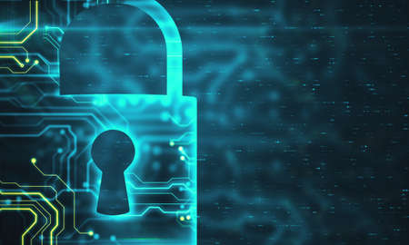 Creative glowing circuit padlock wallpaper. Safety and protection concept. 3D Rendering