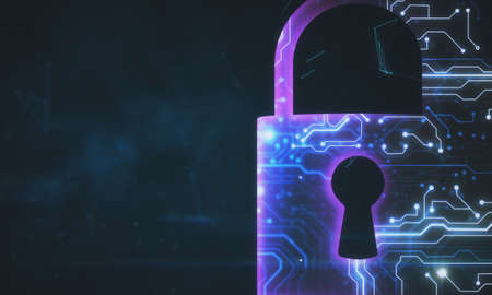 Glowing circuit lock on dark background. Safety and protection concept. 3D Rendering