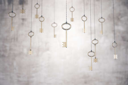 Gold keys on rope on blurry concrete wall background. Real estate market and key to success concept. 3d renderingの写真素材