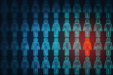 Rows of silhouettes of people one infected with coronavirus. Flu infection and coronavirus health crisis concept. 3D Renderingの写真素材