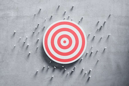 Red dart board with 3d people on concrete wall. Goal and success concept. 3D Renderingの写真素材