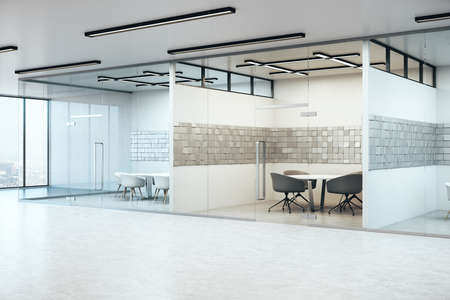 Conference interior with abstract tiles on wall and city view. Workplace and company concept. 3D...