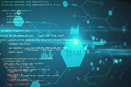 Business statistics hologram on creative glowing programming backdrop. Software and team concept. 3D...