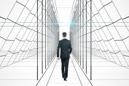 Businessman walking in abstract drawing hall. Business and management concept.