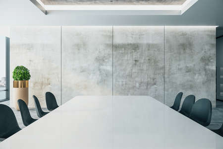 Contemporary meeting interior with long conference table and blank concrete wall. Workplace and company concept. 3D Renderingの写真素材