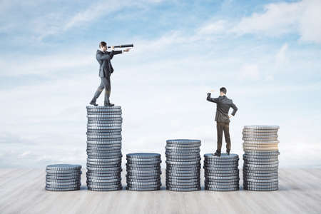 Businessman with telescope standing on silver coins on sky background. Research and startup concept.