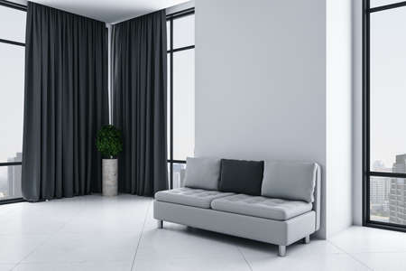 Clean living room with sofa, panoramic city view and blank wall. Workplace and lifestyle concept. 3D...