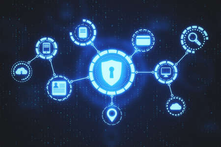 Abstract glowing digital security interface with icons. Safety and protection concept. 3D Rendering