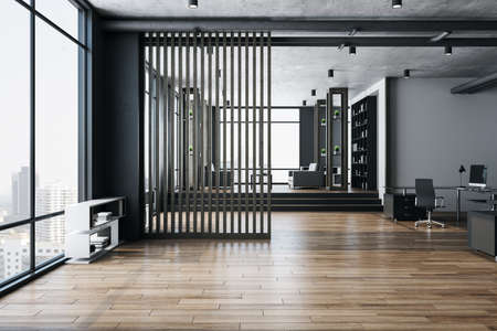 Luxury living room with sofa, shelf with books and city view. Workplace and company concept. 3D...