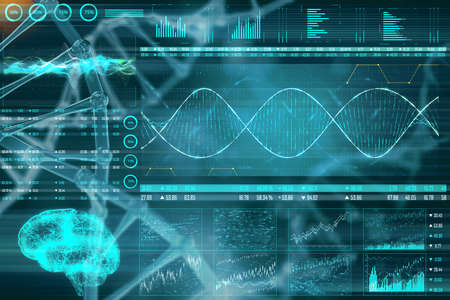 Digital medical interface with dna chain on virtual screen. Innovation and medicine concept. 3D...