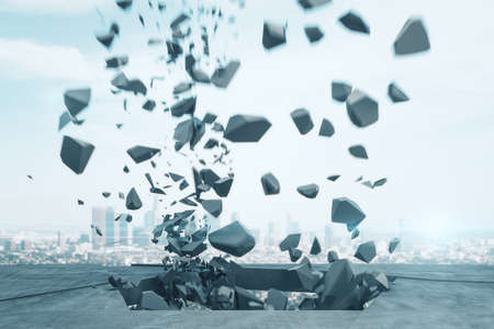 Destroyed gray concrete floor on city background. Structure and destruction concept. 3d renderingの写真素材