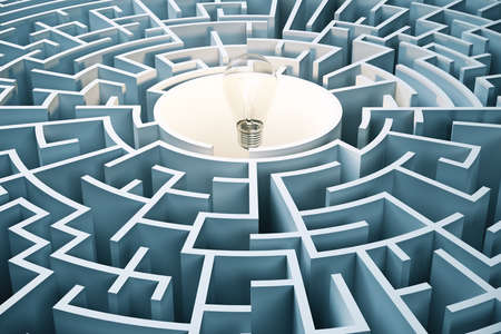 Creative concrete labyrinth with lightbulb. Challenge and start up concept. 3D Renderingの写真素材