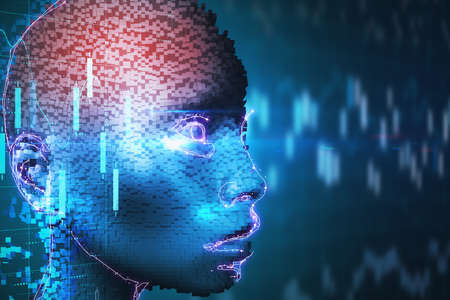 Digital robotic head with glowing forex charts. Robotics and currency exchange concept. 3D Renderingの写真素材