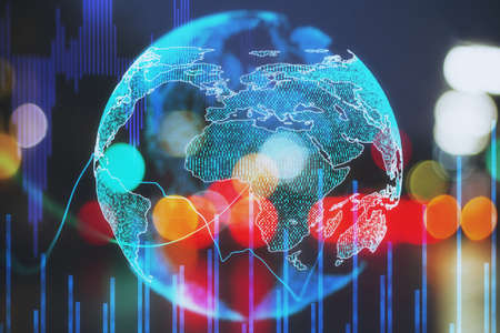 Glowing digital earth on blurred lights at background. AI and innovation concept. 3D Rendering