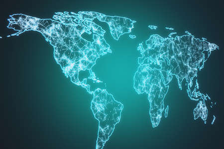 Creative glowing polygonal world map on green background. AI and innovation concept. 3D Rendering