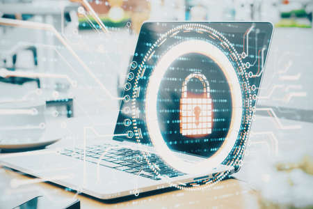 Laptop with creative data protection interface. Safety and protection concept. Multiexposure