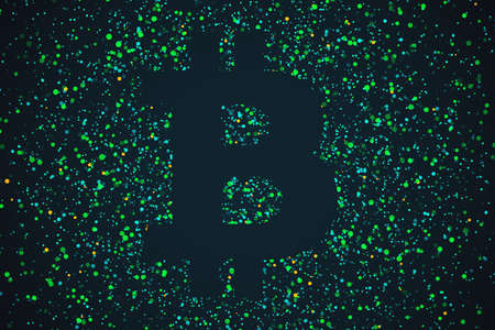 Creative glowing bitcoin icon silhouette on dark dots background. Cryptocurrency and money concept. 3D Renderingの写真素材