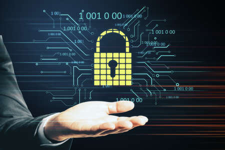 Hand holding glowing yellow padlock with binary code. Safety and protection concept.