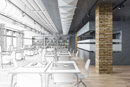 Drwaing loft office room with computers, shelves with documents. Workplace and company concept. 3D...