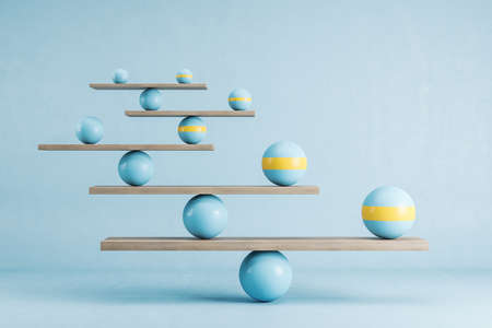 Scales with blue ball on blue background. Business and challenge concept. 3D Renderingの写真素材